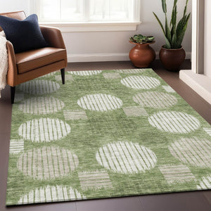 HomeRoots 5' X 8' Green and Beige Geometric Area Rug - Washable, Stain-Resistant, UV Protected for Modern Spaces 671542