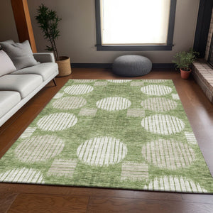 HomeRoots 9' Geometric Washable Area Rug in Green & Beige – Durable, UV-Protected Design for Busy Homes! 671545