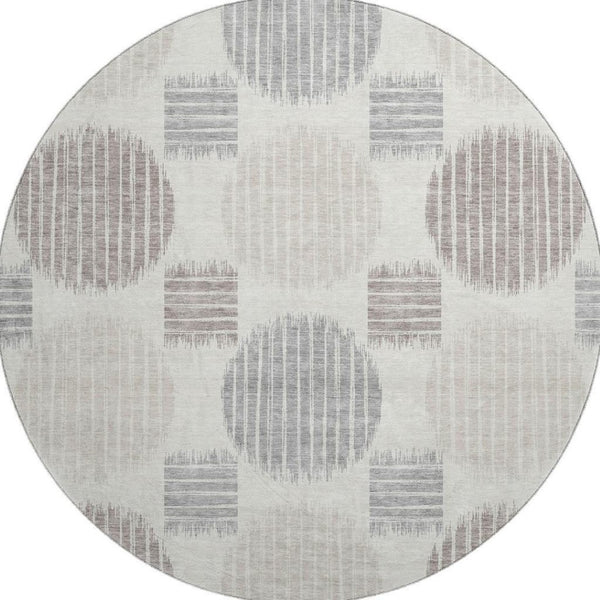 HomeRoots 8' Ivory Beige and Gray Geometric Round Rug - Washable, UV-Protected, Family-Friendly Decor Piece 671549
