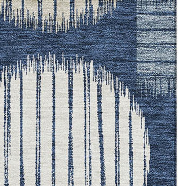 HomeRoots 5' X 8' Navy Blue Ivory Beige Geometric Area Rug - Durable, Stain-Resistant, UV Protected Design 671554