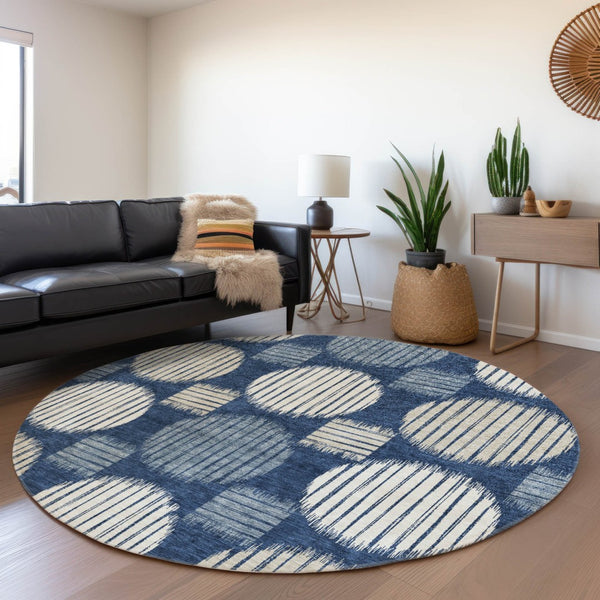 HomeRoots 8' Washable Navy Blue, Ivory & Beige Geometric Round Rug with Stain Resistance & UV Protection 671555