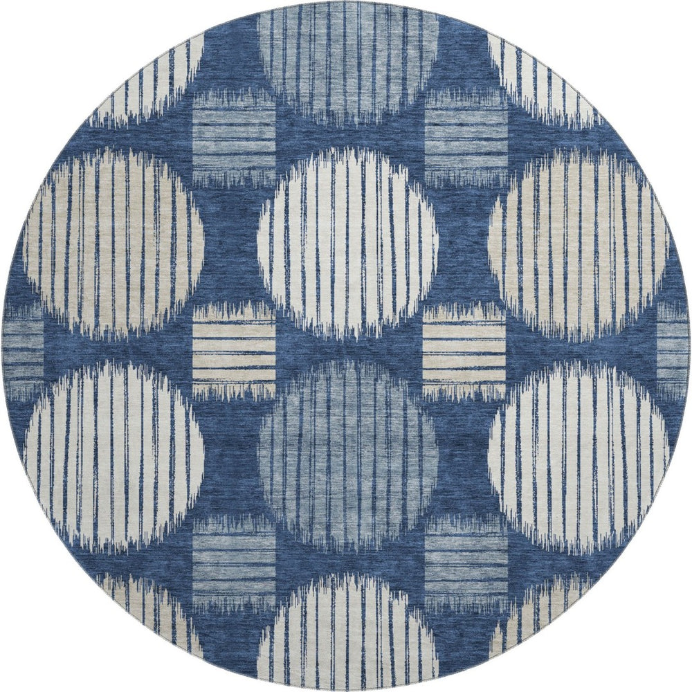 HomeRoots 8' Washable Navy Blue, Ivory & Beige Geometric Round Rug with Stain Resistance & UV Protection 671555