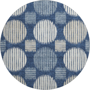 HomeRoots 8' Washable Navy Blue, Ivory & Beige Geometric Round Rug with Stain Resistance & UV Protection 671555