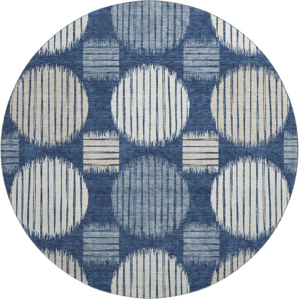 HomeRoots 8' Washable Navy Blue, Ivory & Beige Geometric Round Rug with Stain Resistance & UV Protection 671555