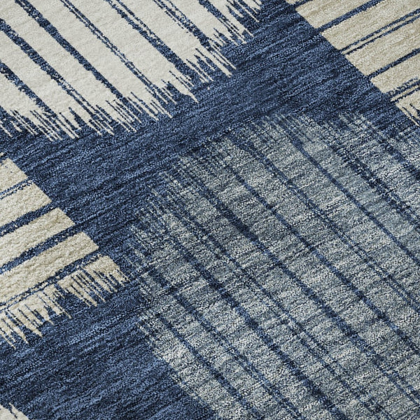 HomeRoots 8' Washable Navy Blue, Ivory & Beige Geometric Round Rug with Stain Resistance & UV Protection 671555