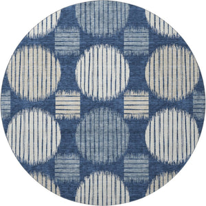 HomeRoots 8' Washable Navy Blue, Ivory & Beige Geometric Round Rug with Stain Resistance & UV Protection 671555
