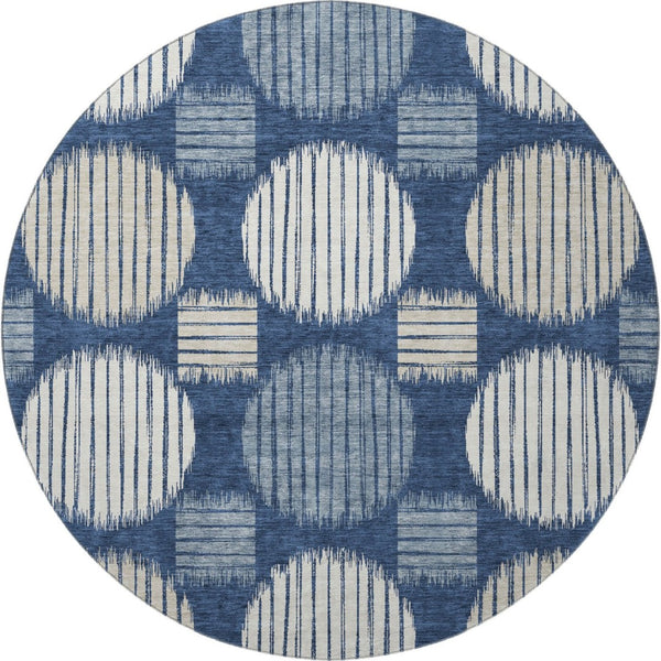 HomeRoots 8' Washable Navy Blue, Ivory & Beige Geometric Round Rug with Stain Resistance & UV Protection 671555