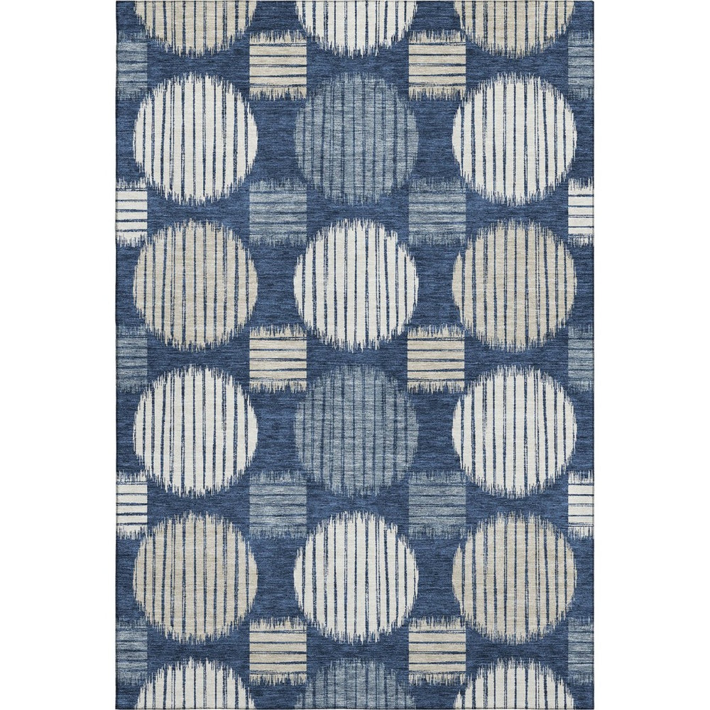 HomeRoots 8' X 10' Geometric Navy Blue Ivory Beige Area Rug – Durable, Washable, UV Protected for High-Traffic Areas 671556