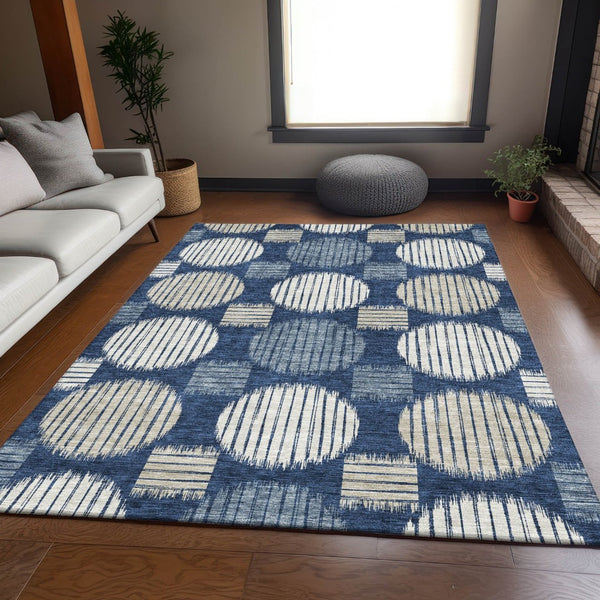 HomeRoots 10' X 14' Navy Blue Geometric Area Rug – Washable, UV-Protected, Stylish for Family Spaces & Pets 671558