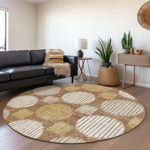 HomeRoots 8' Modern Rust Gold Ivory Geometric Washable Round Rug with UV Protection for Stylish Living Spaces 671561