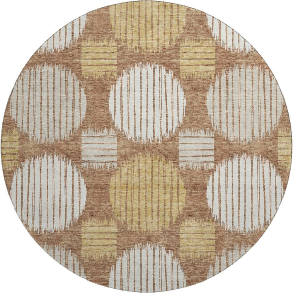 HomeRoots 8' Modern Rust Gold Ivory Geometric Washable Round Rug with UV Protection for Stylish Living Spaces 671561