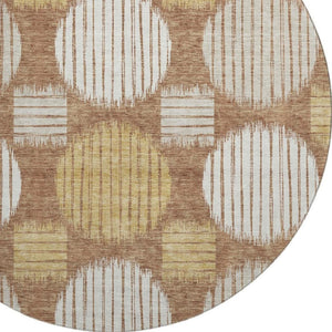 HomeRoots 8' Modern Rust Gold Ivory Geometric Washable Round Rug with UV Protection for Stylish Living Spaces 671561