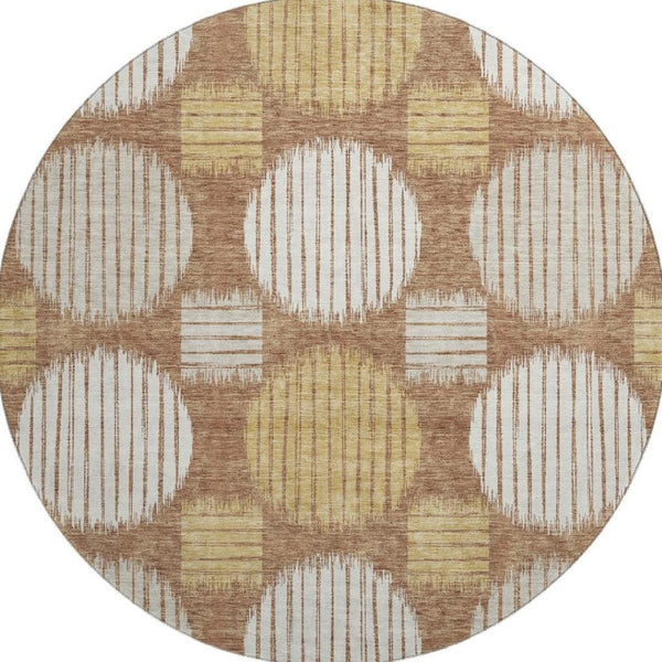 HomeRoots 8' Modern Rust Gold Ivory Geometric Washable Round Rug with UV Protection for Stylish Living Spaces 671561