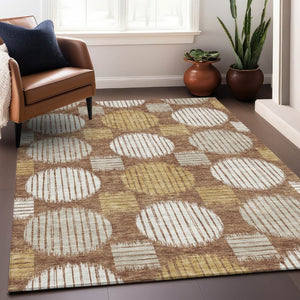HomeRoots 9' X 12' Geometric Area Rug in Rust, Gold & Ivory - Washable, UV Protected & Durable for Homes 671563