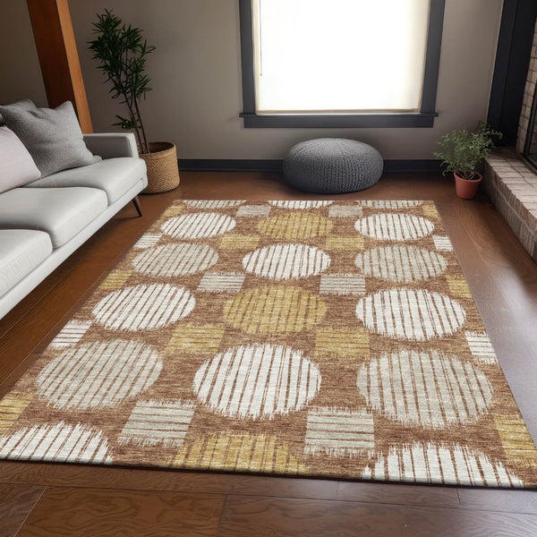 HomeRoots 9' X 12' Geometric Area Rug in Rust, Gold & Ivory - Washable, UV Protected & Durable for Homes 671563