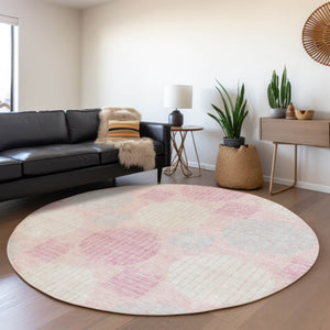HomeRoots 8' Pink Ivory Gray Geometric Washable Round Rug - Stylish, Durable, UV-Protected for Any Room 671567