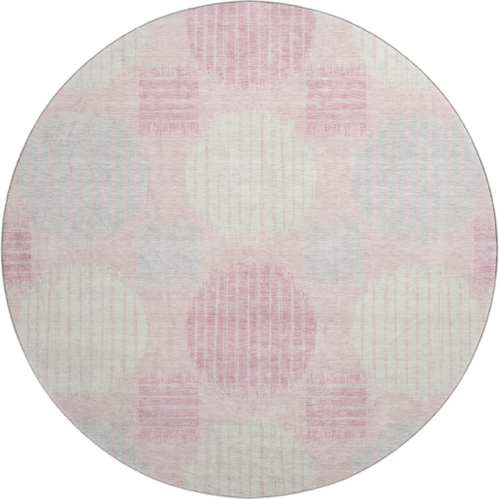 HomeRoots 8' Pink Ivory Gray Geometric Washable Round Rug - Stylish, Durable, UV-Protected for Any Room 671567