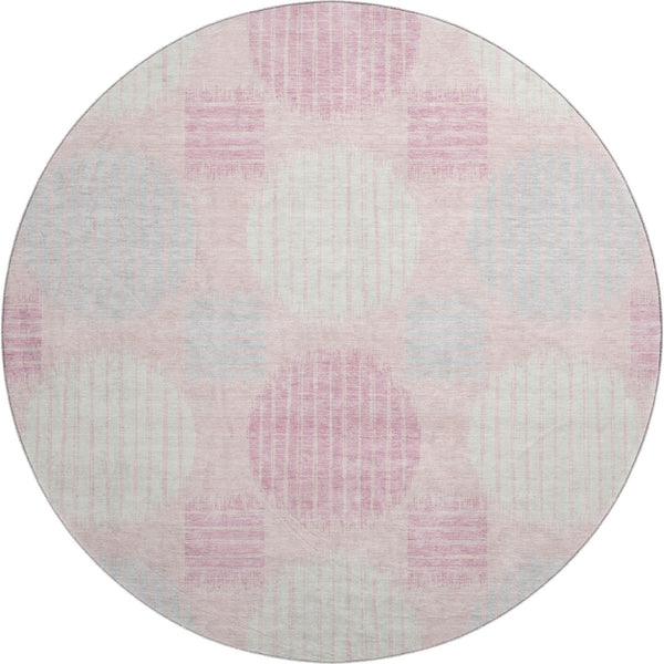 HomeRoots 8' Pink Ivory Gray Geometric Washable Round Rug - Stylish, Durable, UV-Protected for Any Room 671567