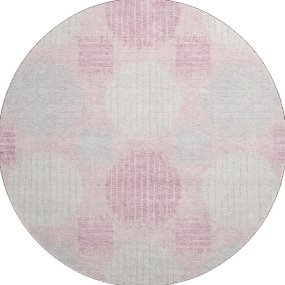 HomeRoots 8' Pink Ivory Gray Geometric Washable Round Rug - Stylish, Durable, UV-Protected for Any Room 671567