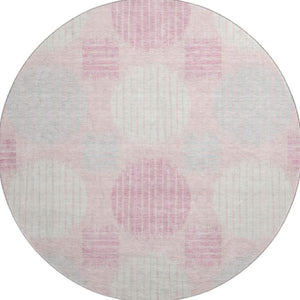 HomeRoots 8' Pink Ivory Gray Geometric Washable Round Rug - Stylish, Durable, UV-Protected for Any Room 671567