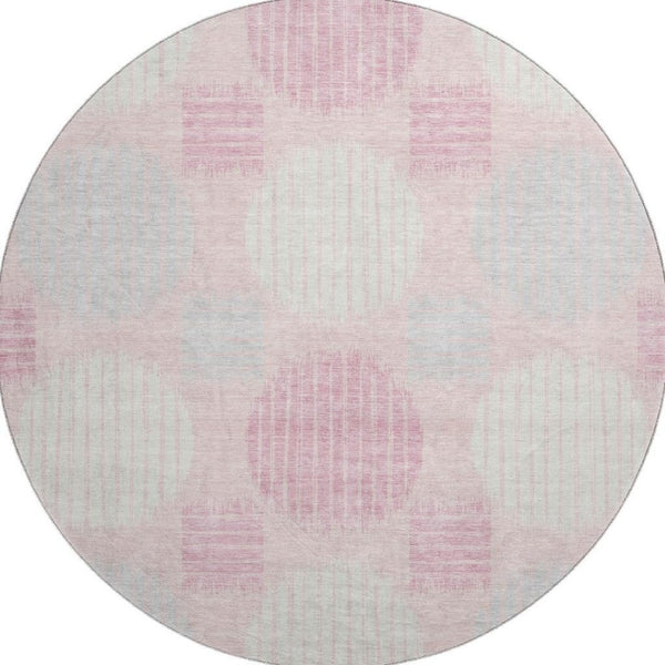 HomeRoots 8' Pink Ivory Gray Geometric Washable Round Rug - Stylish, Durable, UV-Protected for Any Room 671567