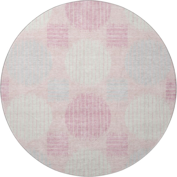 HomeRoots 8' Pink Ivory Gray Geometric Washable Round Rug - Stylish, Durable, UV-Protected for Any Room 671567