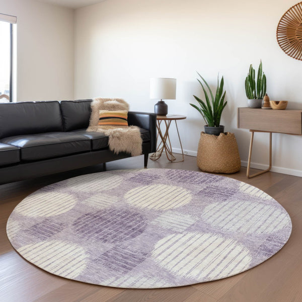 HomeRoots 8' Contemporary Purple, Ivory & Gray Geometric Round Rug - Washable, UV Protected & Durable Design 671573