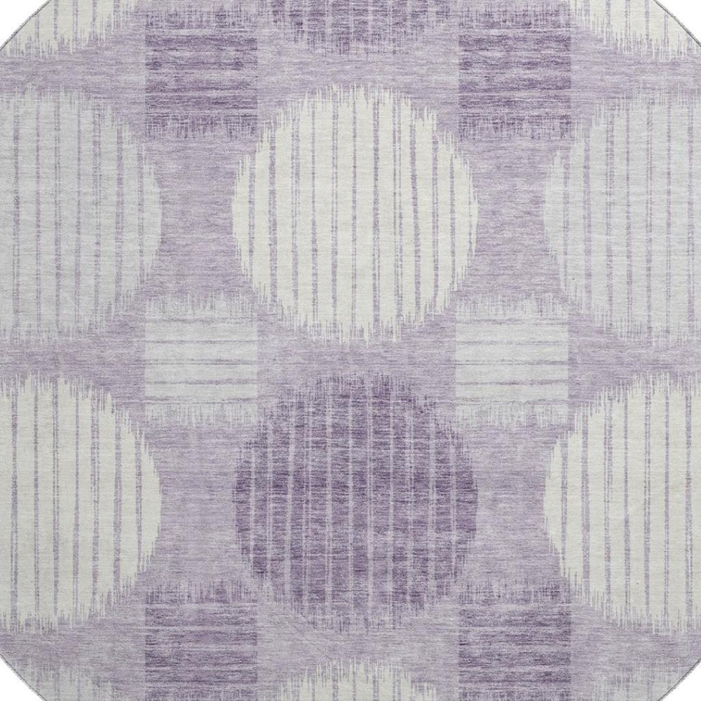 HomeRoots 8' Contemporary Purple, Ivory & Gray Geometric Round Rug - Washable, UV Protected & Durable Design 671573