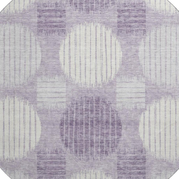 HomeRoots 8' Contemporary Purple, Ivory & Gray Geometric Round Rug - Washable, UV Protected & Durable Design 671573