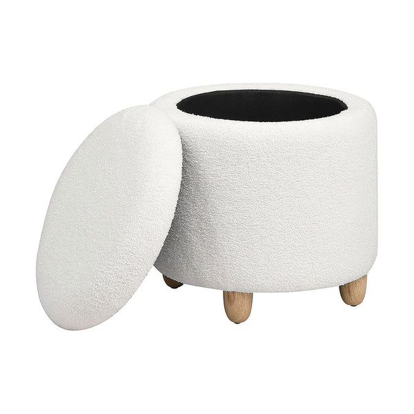 English Elm Faux Round Sheepskin Storage Ottoman with Removable Lid and Natural Wood Legs for Cozy Living Space Ivory B016P383359