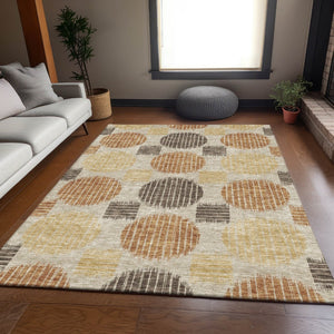 HomeRoots 5' X 8' Tan Gold and Brown Geometric Area Rug - Washable, UV Protected, Stain-Resistant & Stylish 671578