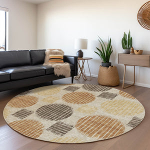 HomeRoots 8' Tan Gold And Brown Geometric Round Rug - Washable, UV Protected, Perfect for High-Traffic Areas 671579