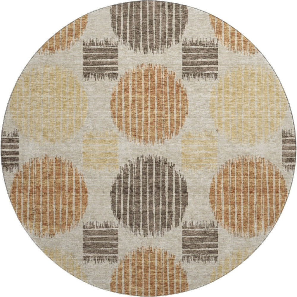 HomeRoots 8' Tan Gold And Brown Geometric Round Rug - Washable, UV Protected, Perfect for High-Traffic Areas 671579