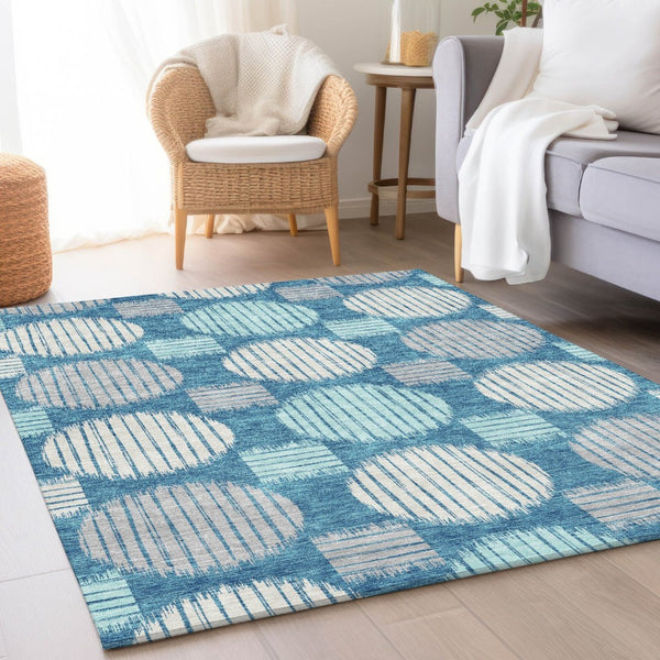 HomeRoots 5' Stylish Teal, Ivory & Gray Geometric Washable Area Rug – Durable, UV-Protected & Easy Care! 671584