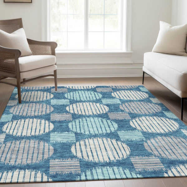 HomeRoots 5' Stylish Teal, Ivory & Gray Geometric Washable Area Rug – Durable, UV-Protected & Easy Care! 671584