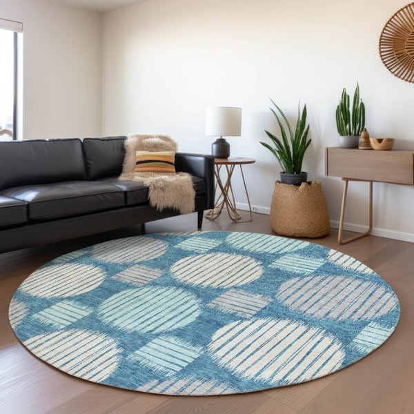 HomeRoots 8' Teal Ivory And Gray Geometric Round Rug – Washable, Stain-Resistant, UV Protected & Family-Friendly 671585