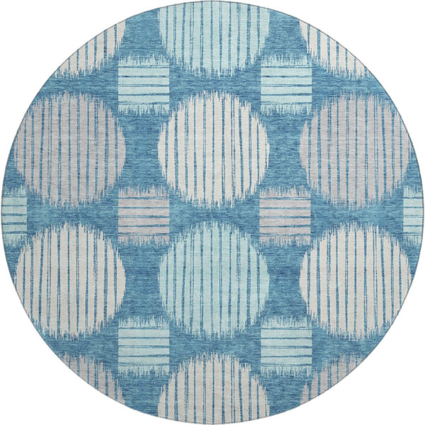 HomeRoots 8' Teal Ivory And Gray Geometric Round Rug – Washable, Stain-Resistant, UV Protected & Family-Friendly 671585