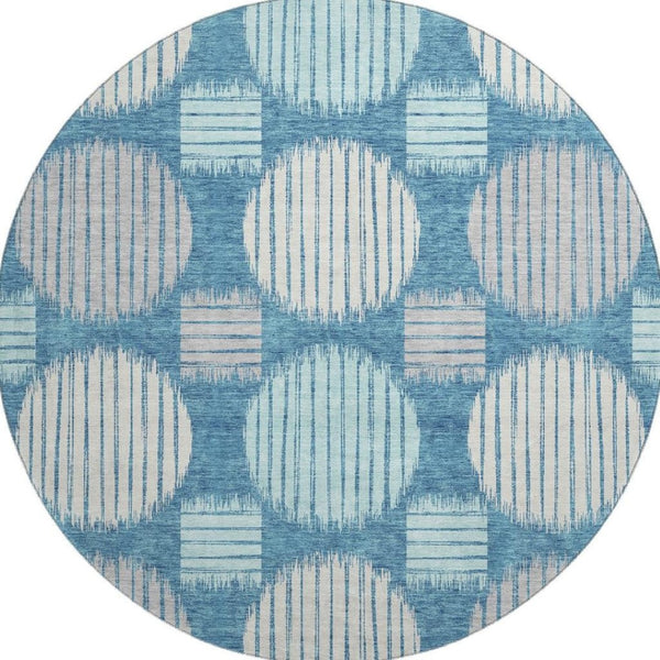 HomeRoots 8' Teal Ivory And Gray Geometric Round Rug – Washable, Stain-Resistant, UV Protected & Family-Friendly 671585