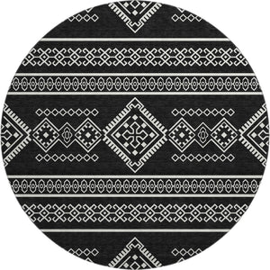 HomeRoots 8' Black And Ivory Southwestern Round Rug – Washable, UV Protected & Perfect for Busy Homes 671597