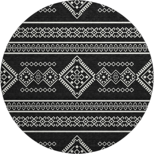 HomeRoots 8' Black And Ivory Southwestern Round Rug – Washable, UV Protected & Perfect for Busy Homes 671597