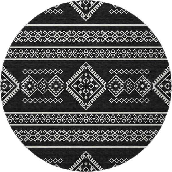 HomeRoots 8' Black And Ivory Southwestern Round Rug – Washable, UV Protected & Perfect for Busy Homes 671597