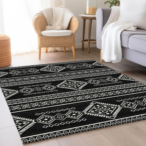 HomeRoots 9' X 12' Black And Ivory Southwestern Area Rug - Durable, Stain-Resistant, UV Protected for All Rooms 671599