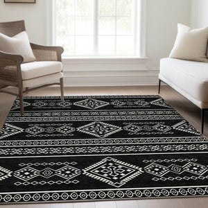 HomeRoots 9' X 12' Black And Ivory Southwestern Area Rug - Durable, Stain-Resistant, UV Protected for All Rooms 671599
