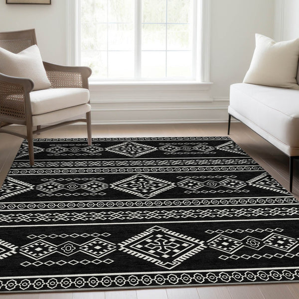 HomeRoots 9' X 12' Black And Ivory Southwestern Area Rug - Durable, Stain-Resistant, UV Protected for All Rooms 671599