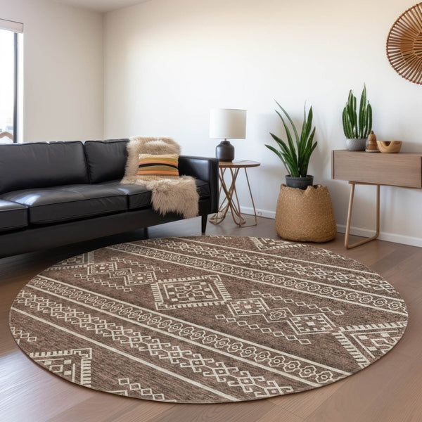 HomeRoots 8' Round Southwestern Washable Rug – Durable, UV-Protected, Stylish Brown & Beige for Any Space! 671603
