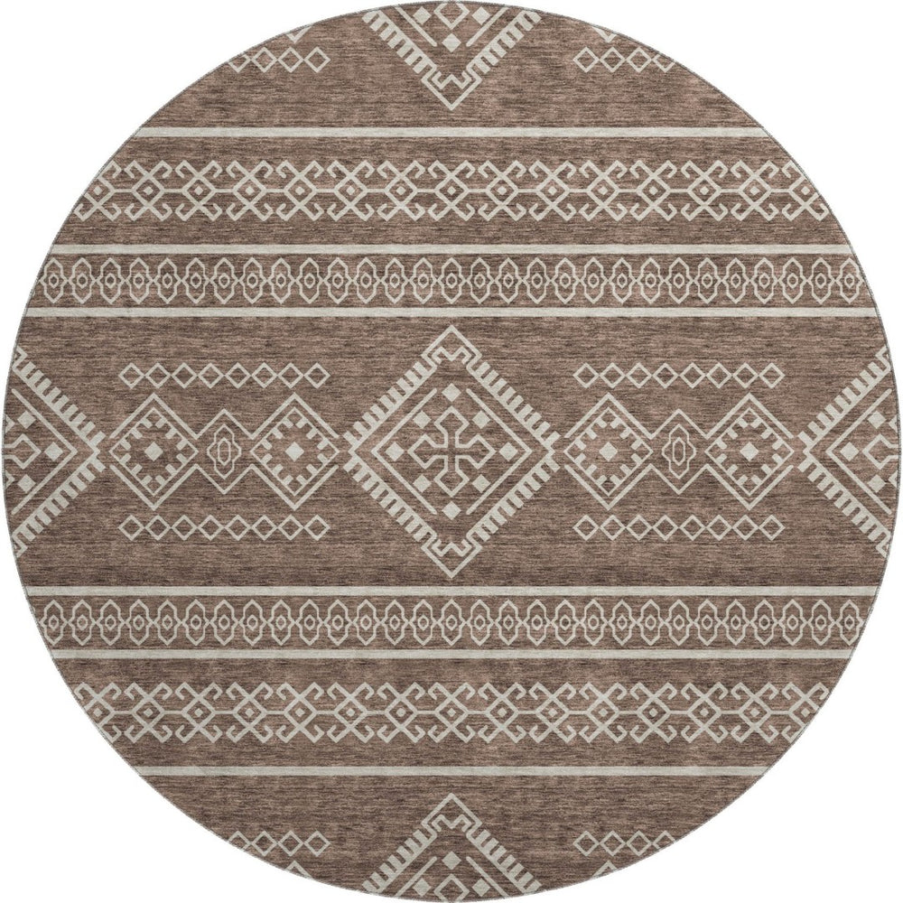 HomeRoots 8' Round Southwestern Washable Rug – Durable, UV-Protected, Stylish Brown & Beige for Any Space! 671603