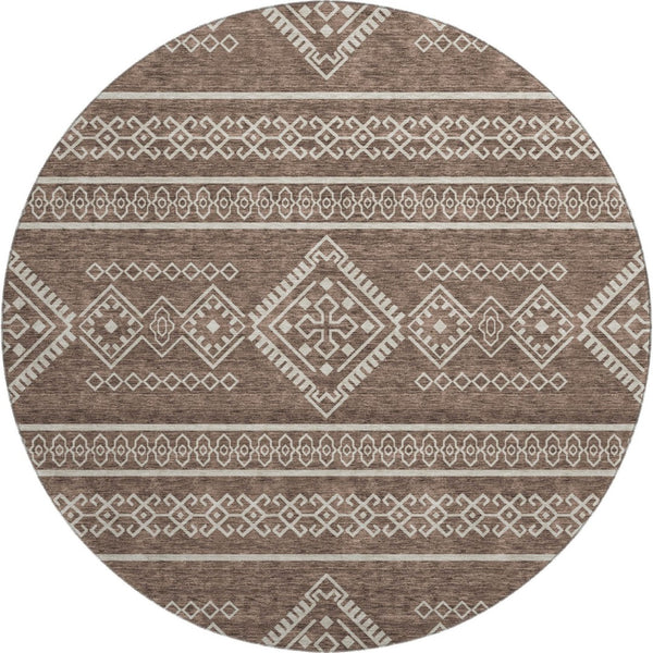 HomeRoots 8' Round Southwestern Washable Rug – Durable, UV-Protected, Stylish Brown & Beige for Any Space! 671603