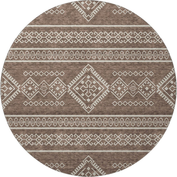 HomeRoots 8' Round Southwestern Washable Rug – Durable, UV-Protected, Stylish Brown & Beige for Any Space! 671603