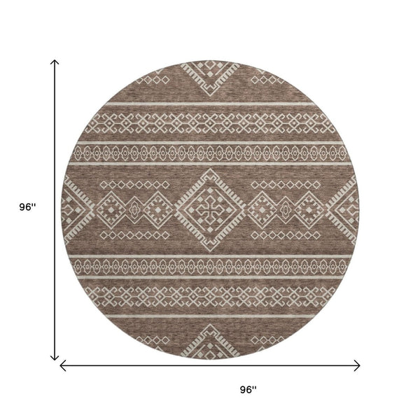 HomeRoots 8' Round Southwestern Washable Rug – Durable, UV-Protected, Stylish Brown & Beige for Any Space! 671603