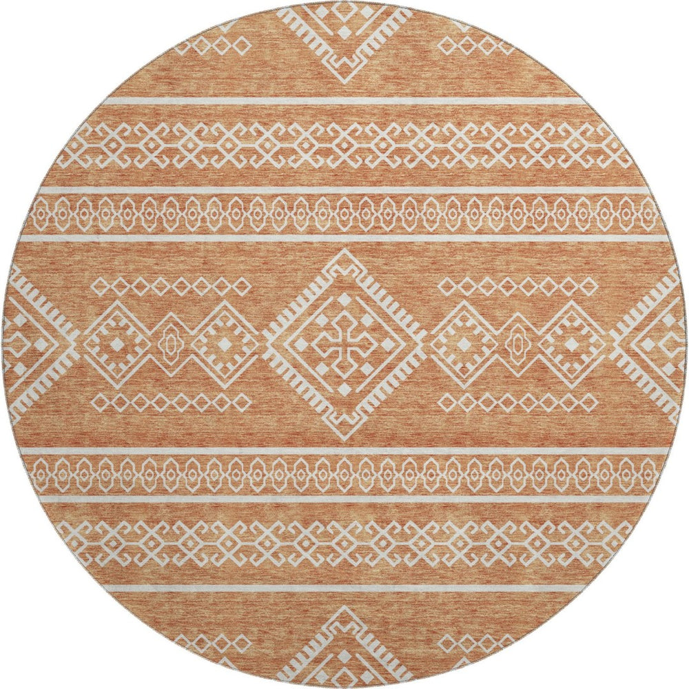 HomeRoots 8' Copper and Ivory Southwestern Round Rug – Washable, UV-Protected, Stain-Resistant for Busy Homes 671609